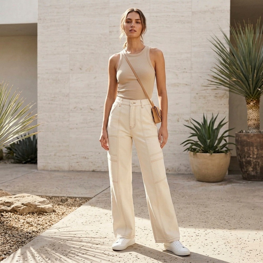 Indigo Rein Cargo Pants Women Cream High Rise Straight Leg Utility Size 3 / 25